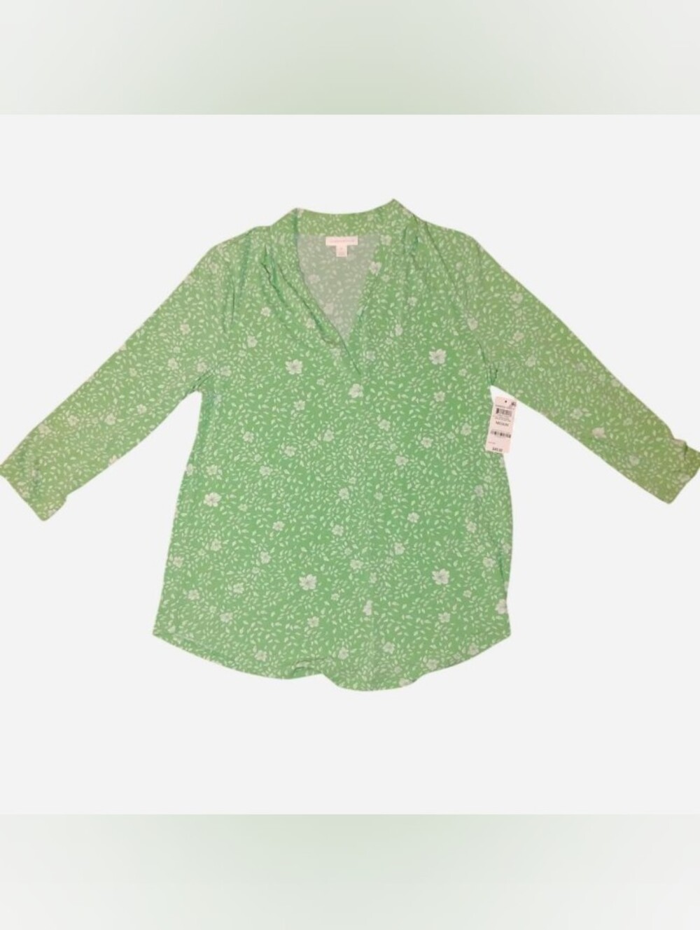 Charter Club Women's Medium Green Floral Split V-Neck Top New